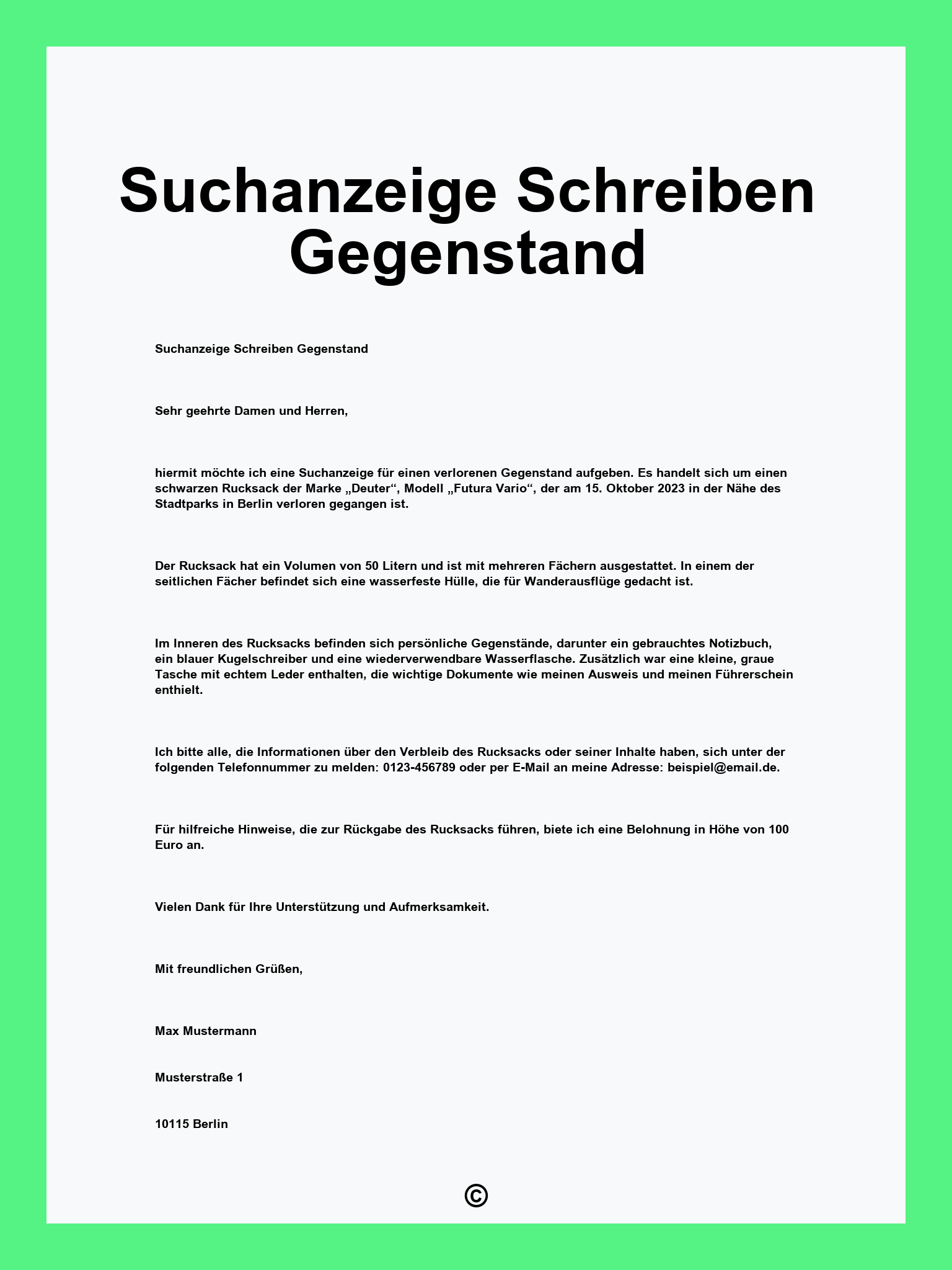 Suchanzeige Schreiben Gegenstand